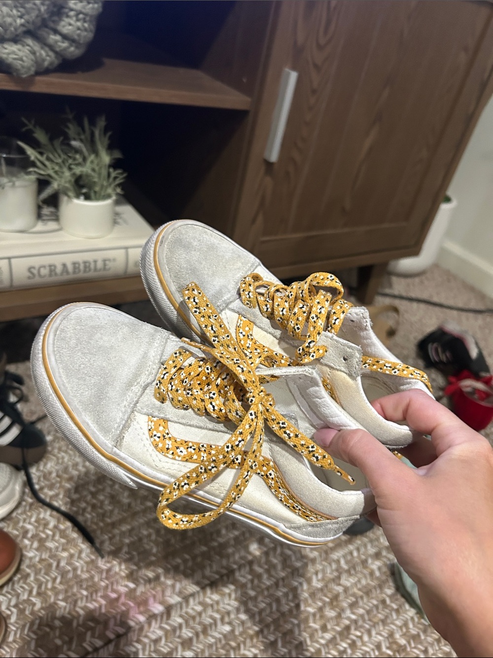 Casual Women's Cream Suede Sneakers with Yellow Patterned Laces